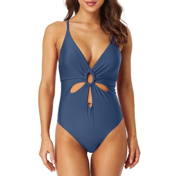[Sociala] Blue One Piece Cutout O-Ring Tie Back Swimsuit V-Neck Size Large L - Picture 1 of 10